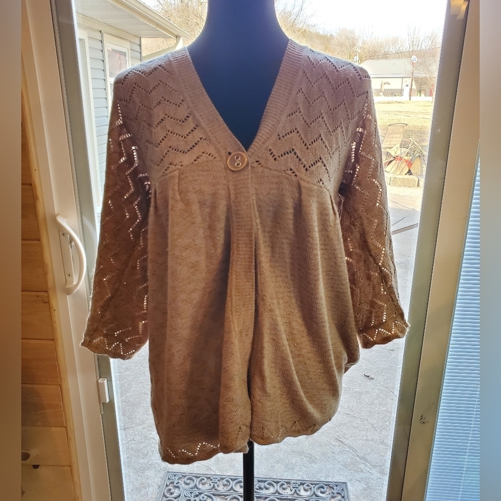 Dressbarn Crocheted Preppy Open Weave Wheat V-Neck Sweater Size XL